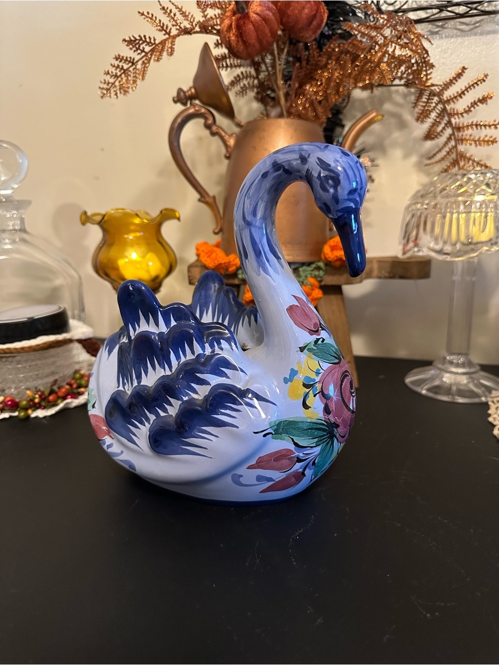 VintageHand-Painted Blue Floral Ceramic Swan Figurine